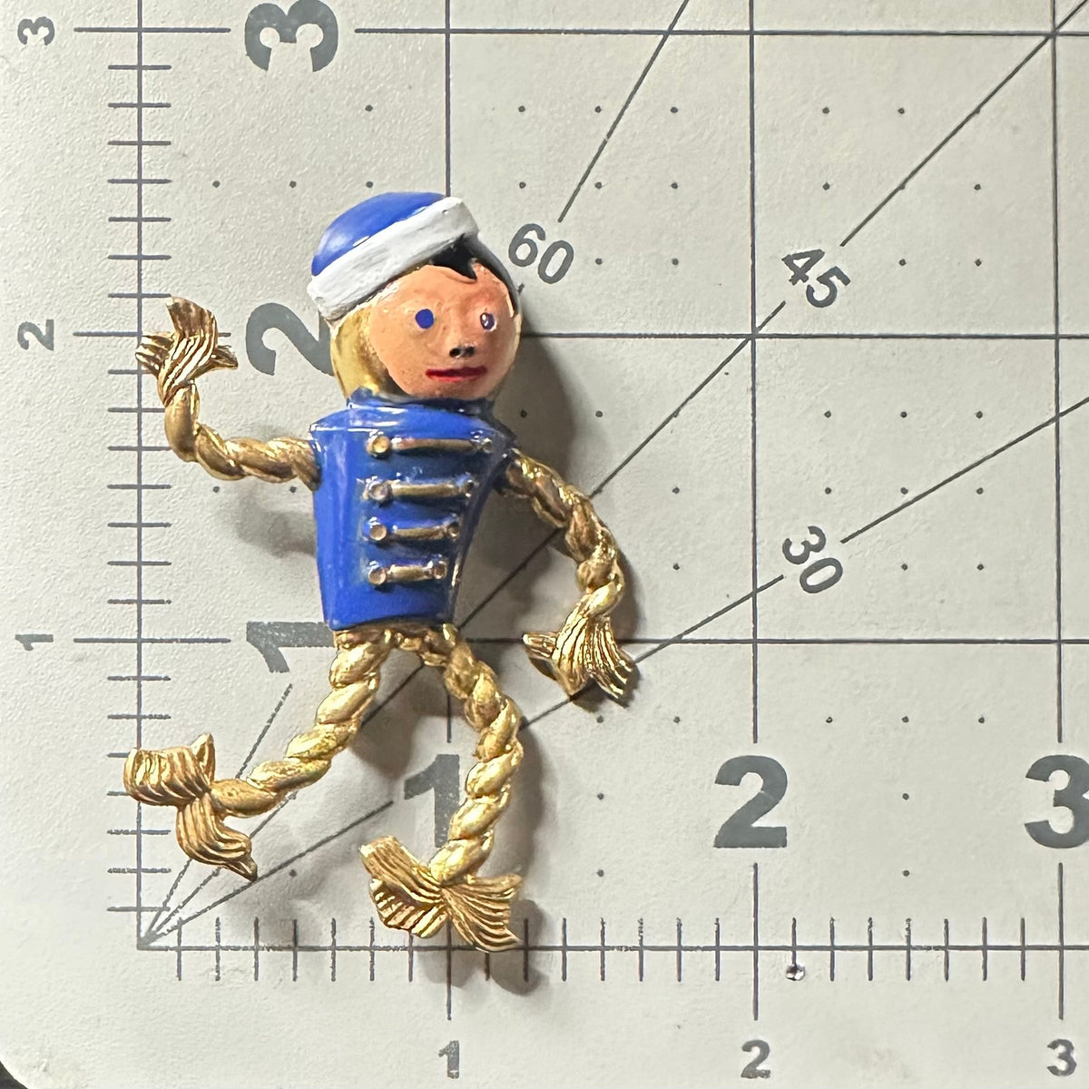Antique Art Deco 1930s enamel brass boy bellhop Figural rope brooch pin