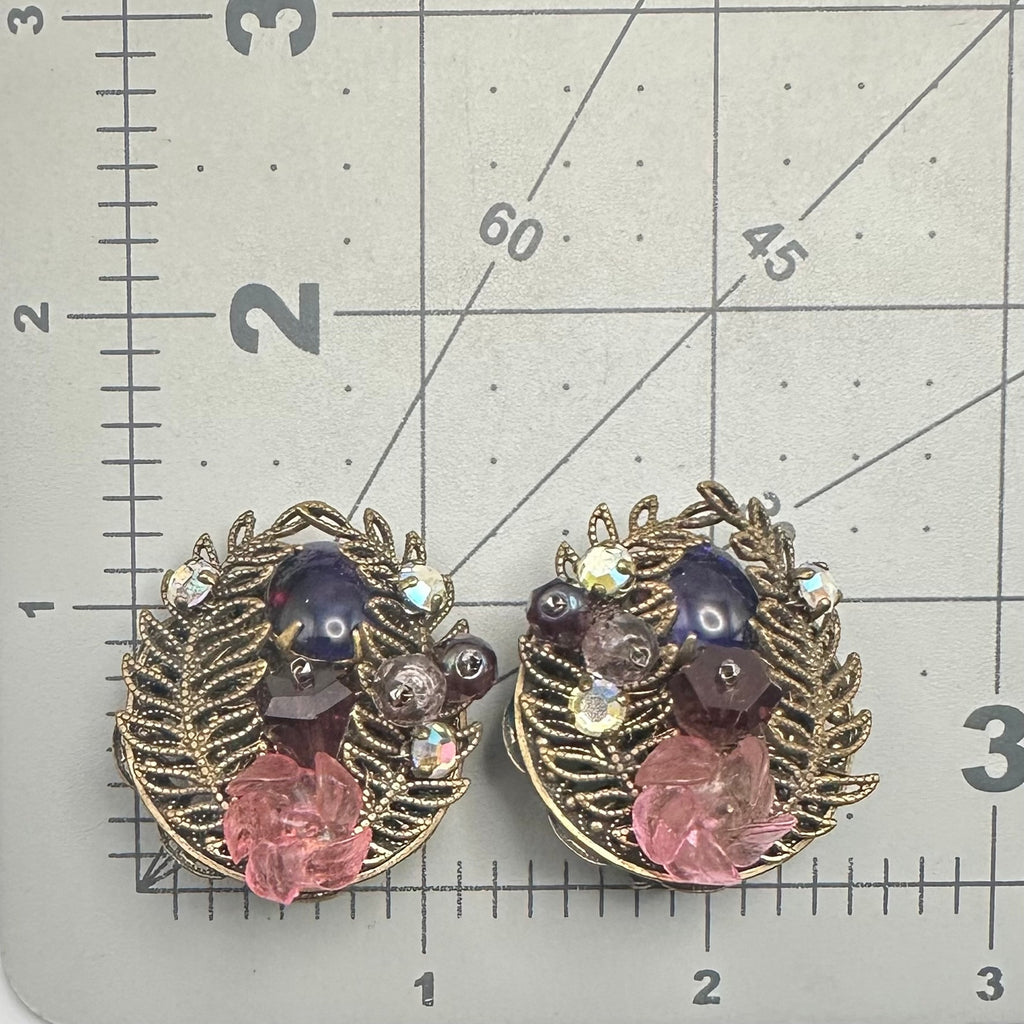 1950s vintage gold tone filigree art glass beads AB rhinestones clip on earrings