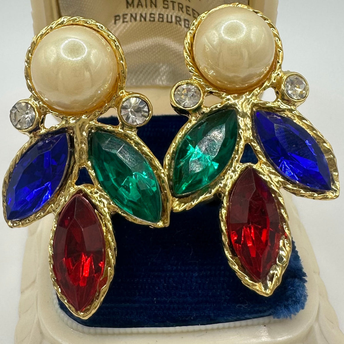 1990s vintage gold tone multicolor rhinestones faux pearls clip on earrings
