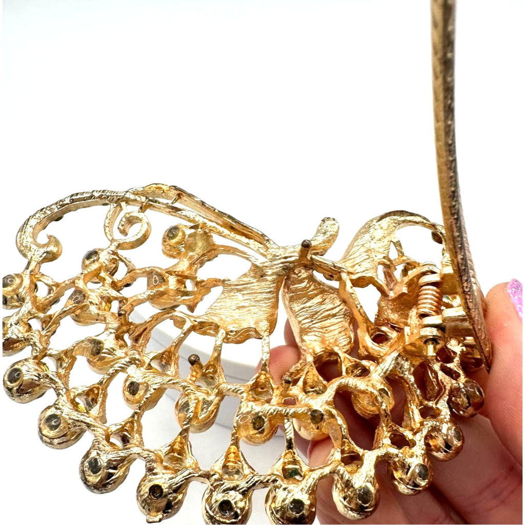 Gold tone multicolor rainbow glass rhinestones barrette hair clip accessory
