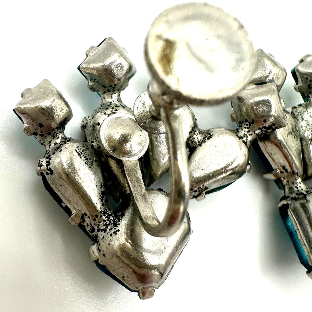 1940s vintage aqua blue Czech glass rhinestones silver tone screw back earrings