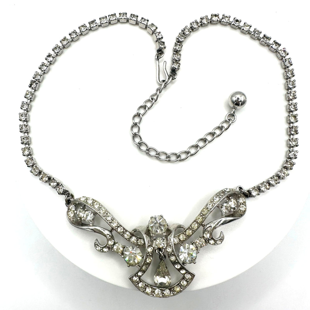 Coro Louise 1940s vintage silver tone clear rhinestones swag necklace
