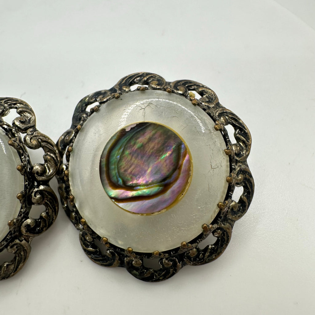 Made in Austria vintage mother of pearl abalone silver tone clip on earrings