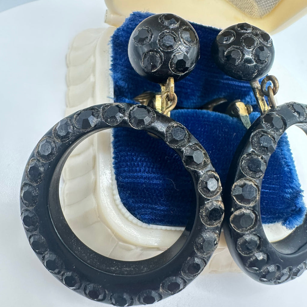 Vintage retro 1940s black lucite glass rhinestones dangle clip on earrings