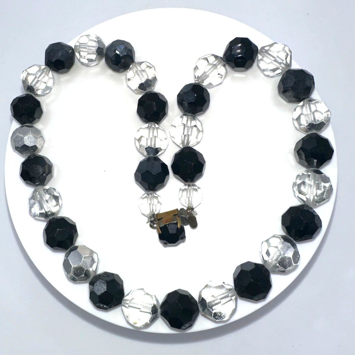 Vintage black silver comet argent clear faceted glass beads beaded 16" necklace