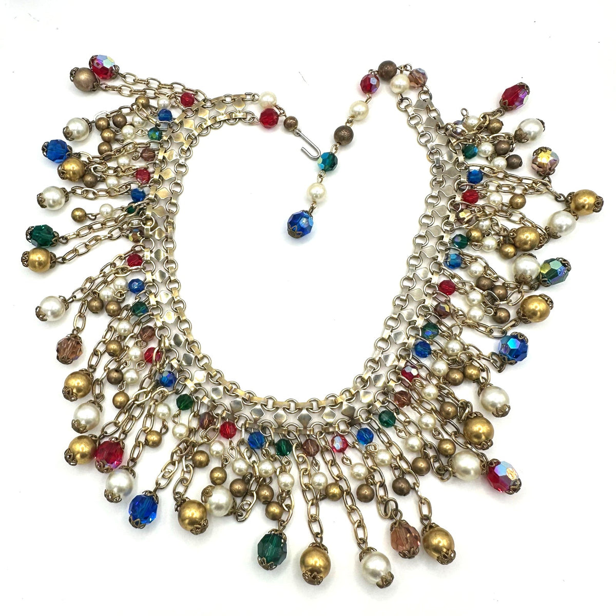 Alice Caviness vintage gold tone AB glass faux pearls beaded fringe necklace