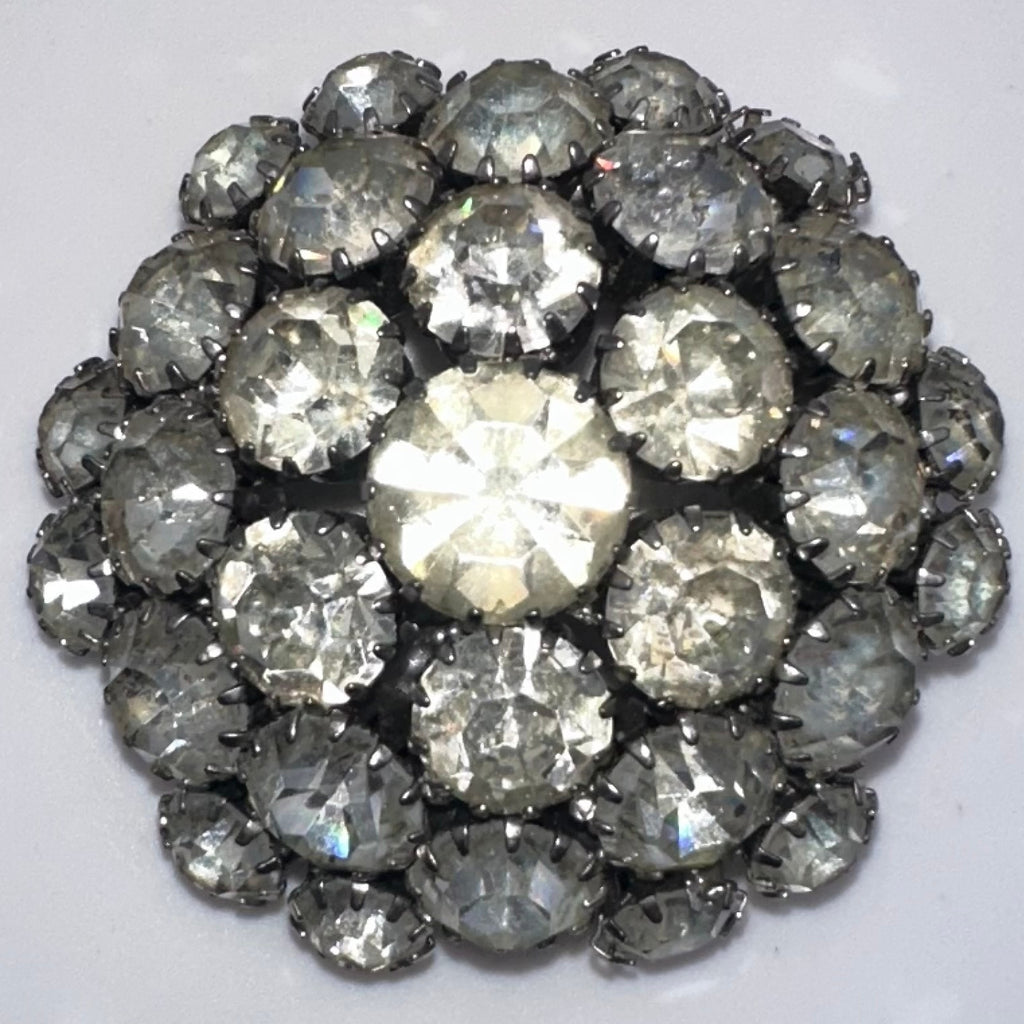 1950s vintage silver tone clear rhinestones sawtooth prong round domed 3D brooch