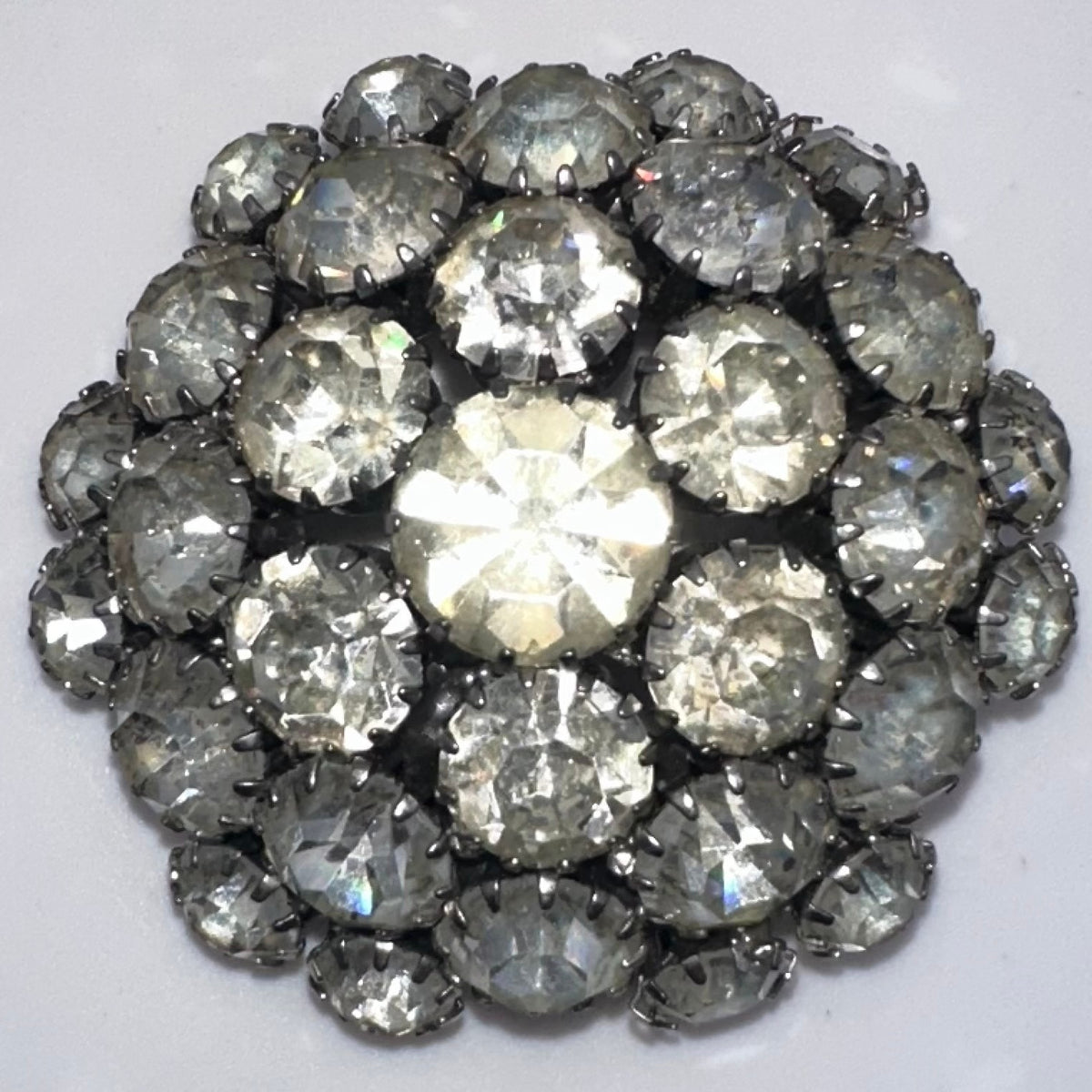 1950s vintage silver tone clear rhinestones sawtooth prong round domed 3D brooch