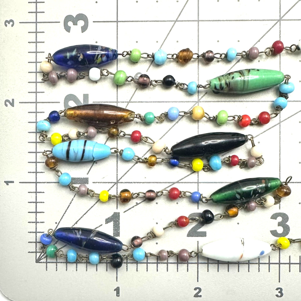 Antique Art Deco Czech art glass multicolor beads beaded brass 51" necklace