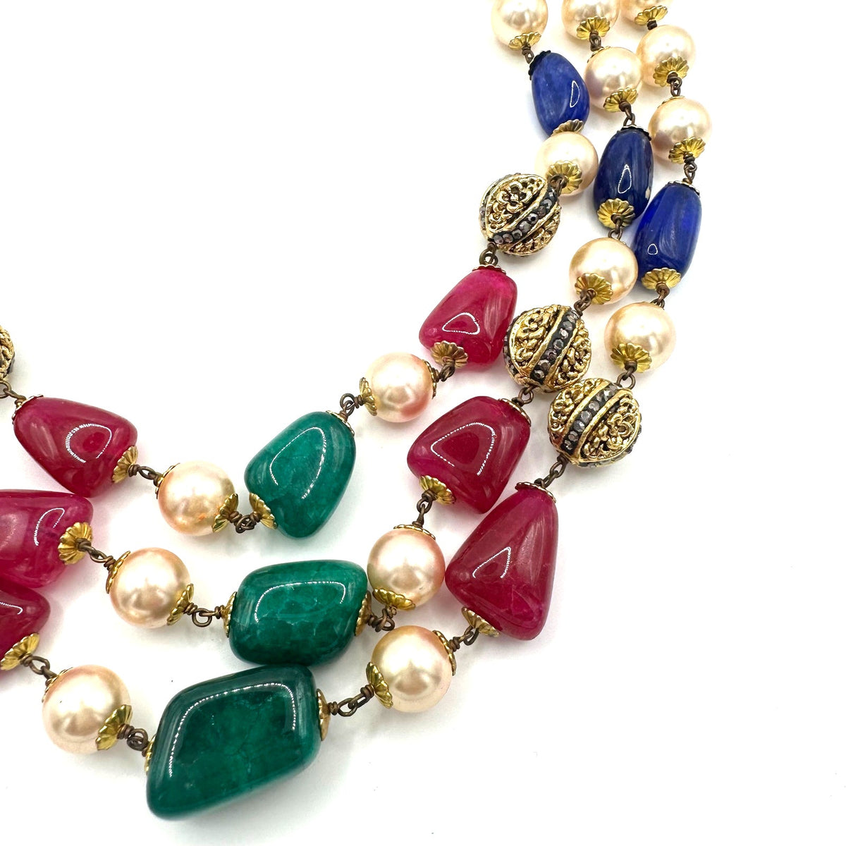 Indian vintage 3 strand semiprecious agate glass pearls beaded necklace