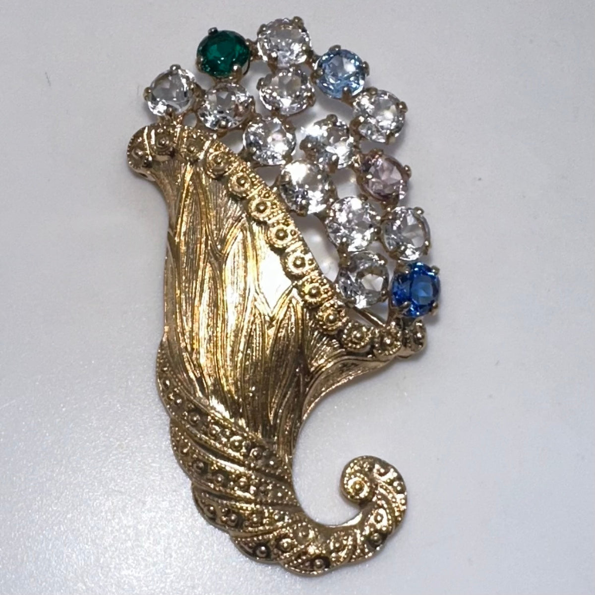 B. David vintage gold tone multicolor glass rhinestones cornucopia brooch