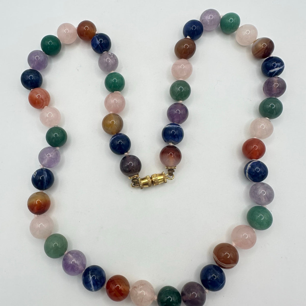 Vintage multicolor rainbow semiprecious quartz agate 10mm beads beaded necklace