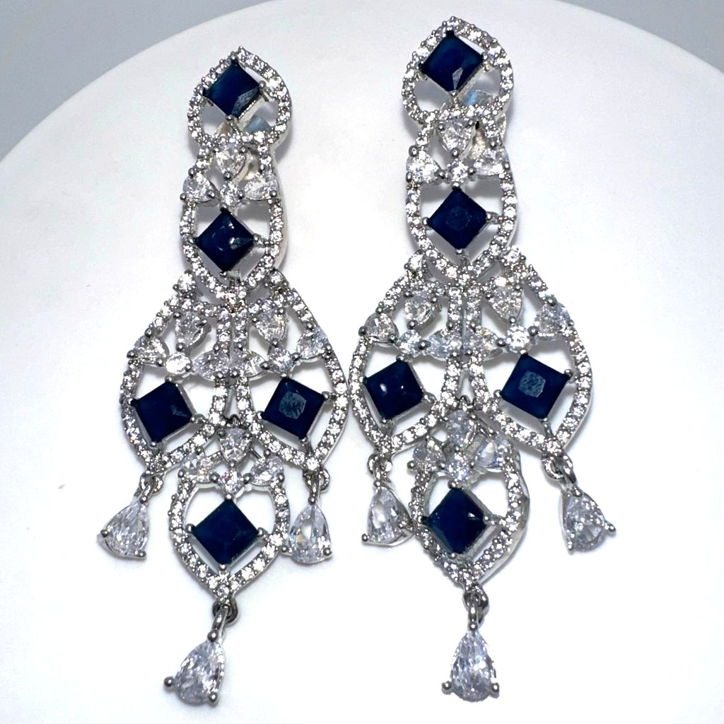 Silver tone blue faux sapphire clear cubic zirconia CZ drop post earrings