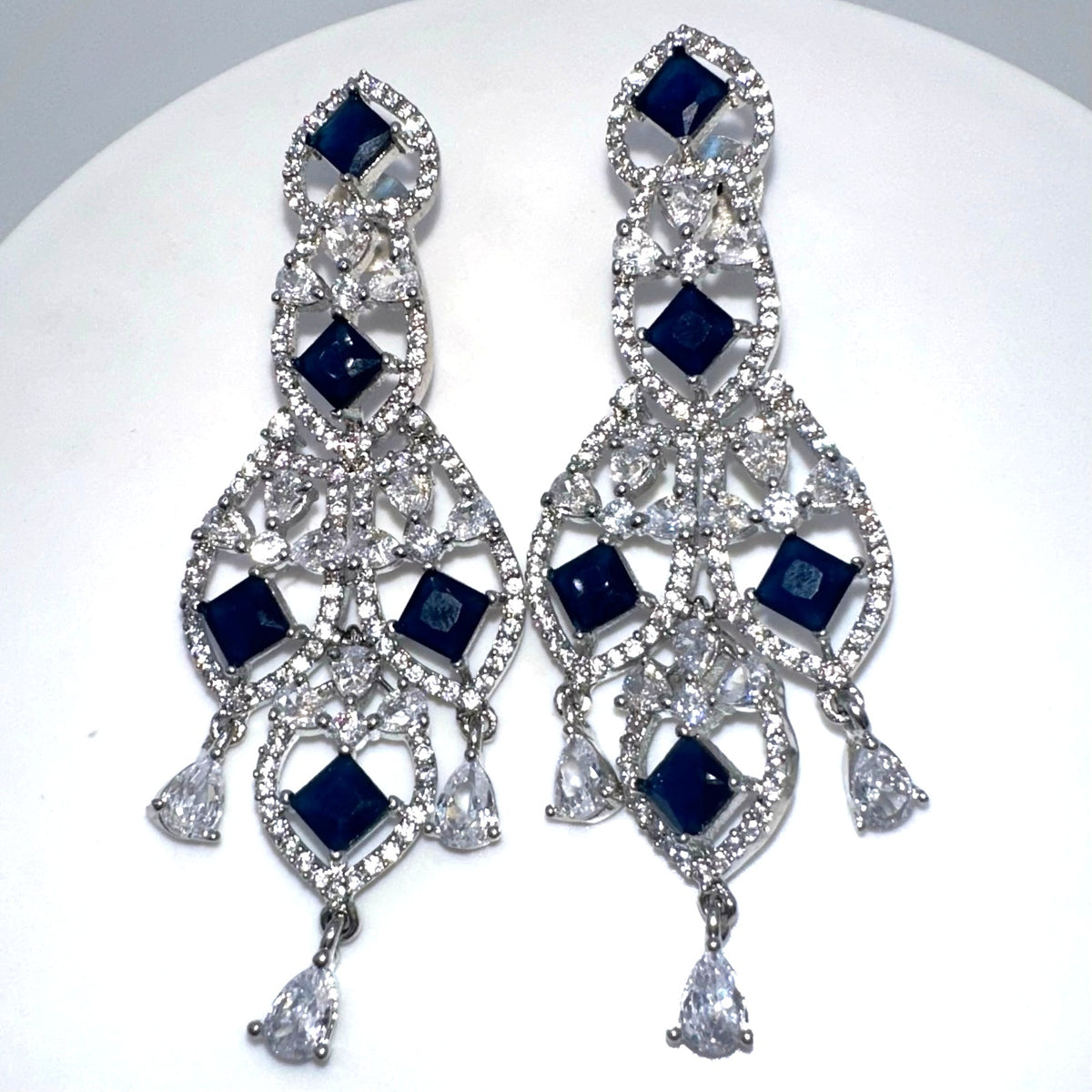 Silver tone blue faux sapphire clear cubic zirconia CZ drop post earrings
