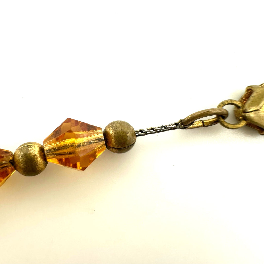 Antique Art Deco amber topaz Czech glass rondelles beaded 16” chain necklace