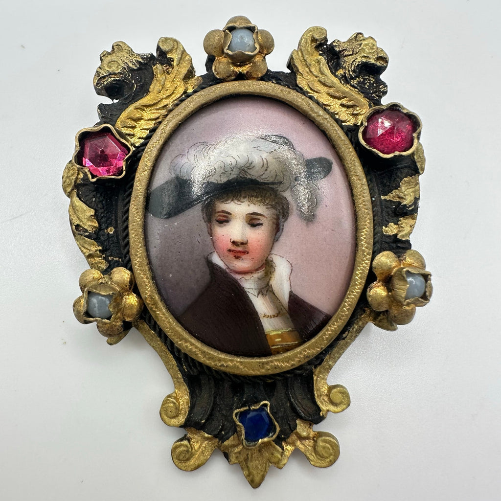 Antique Victorian hand painted portrait miniature gold gilt glass gems brooch