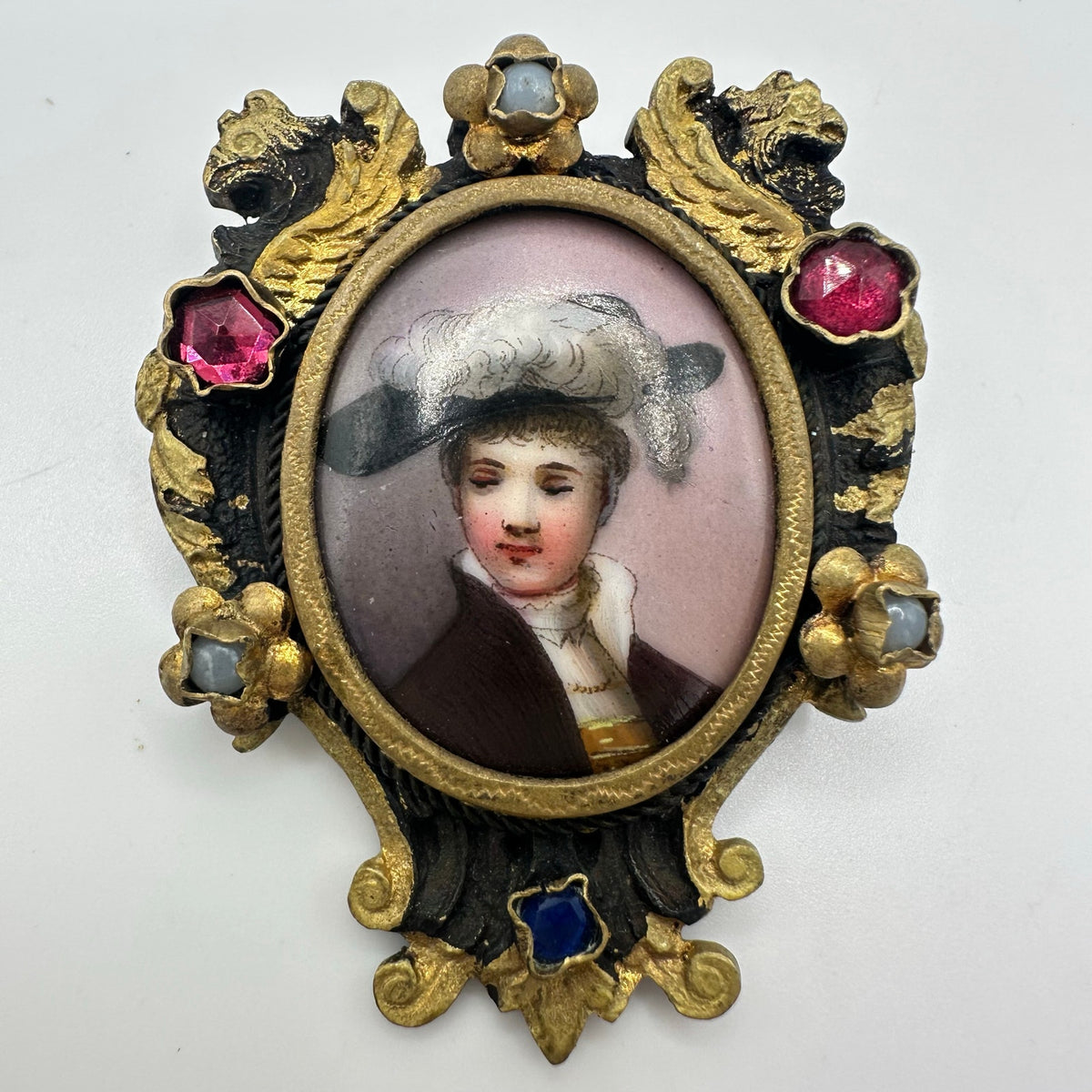 Antique Victorian hand painted portrait miniature gold gilt glass gems brooch