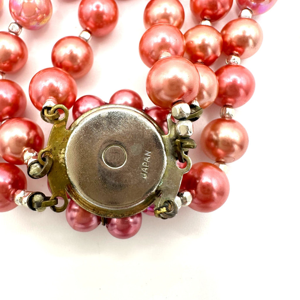 Japan vintage 3 strand pink AB lucite faux pearls red glass beaded necklace