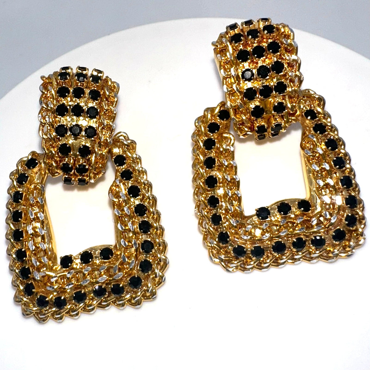 Vintage gold silver two tone black rhinestones door knocker clip on earrings