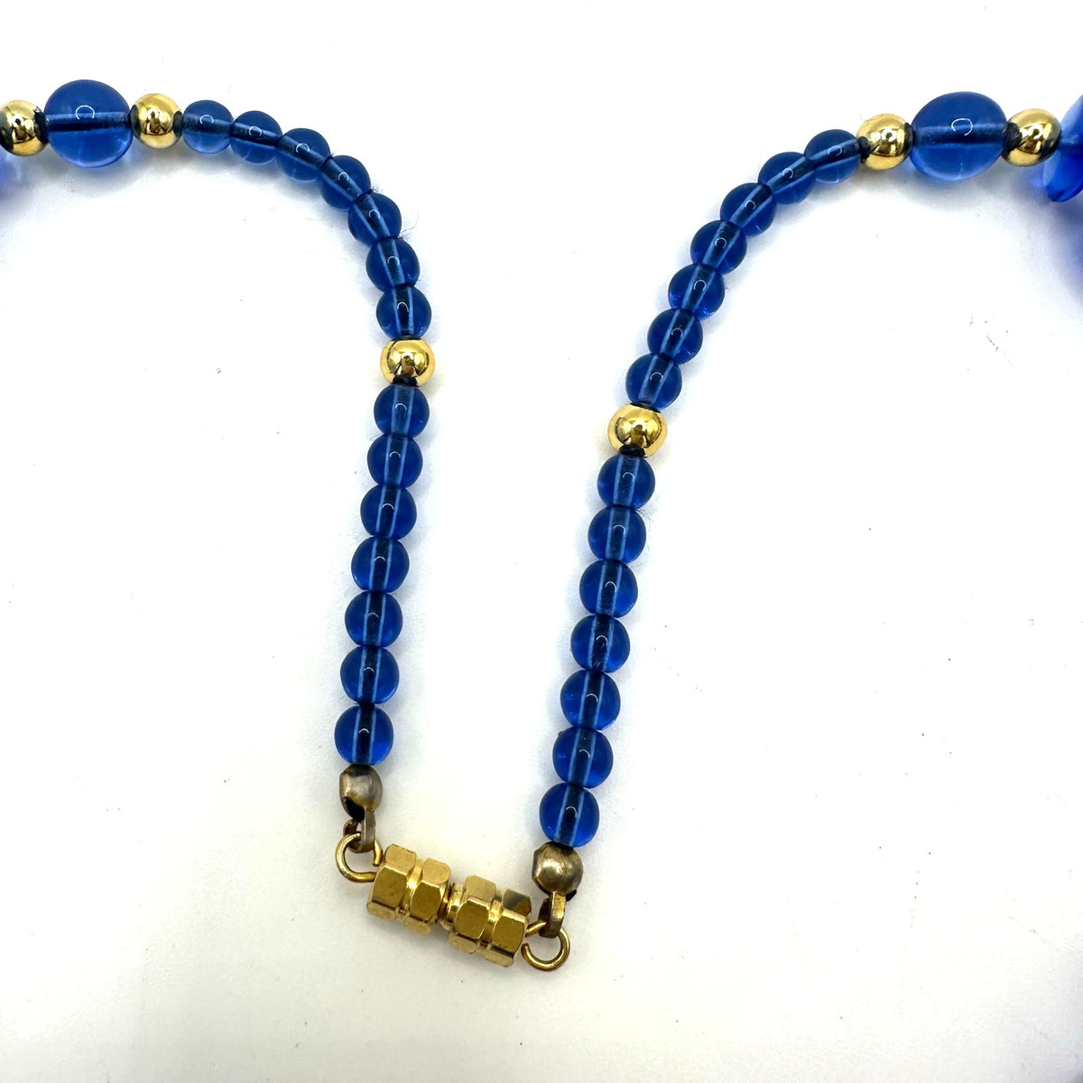 Vintage Art Deco Revival blue glass beads gold tone 21" graduated necklace