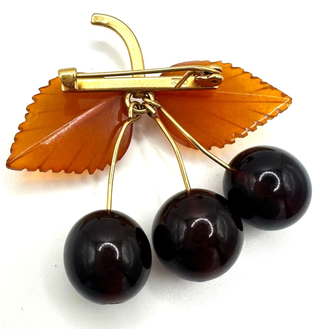 Soviet vintage gold plated genuine Baltic amber beaded cherry cherries brooch