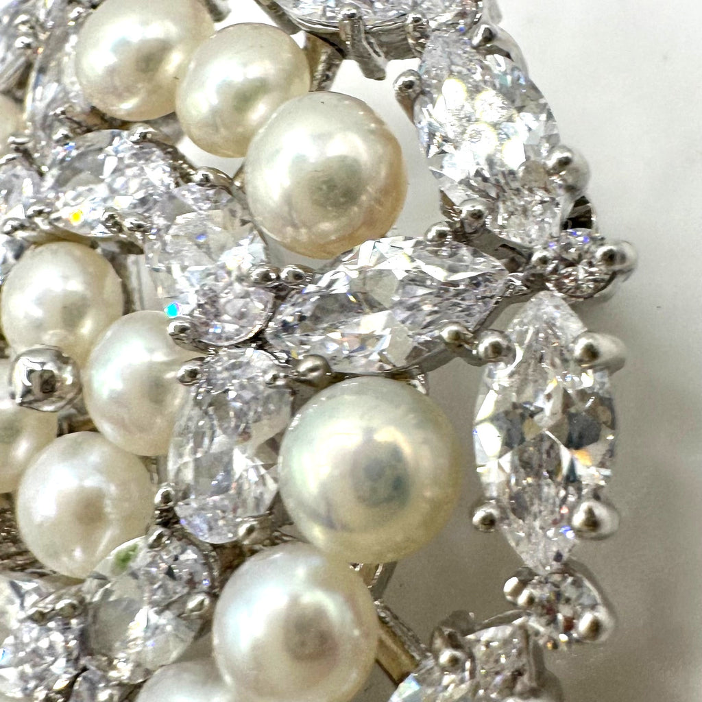 High end silver tone clear cubic zirconia CZs freshwater pearls brooch pendant
