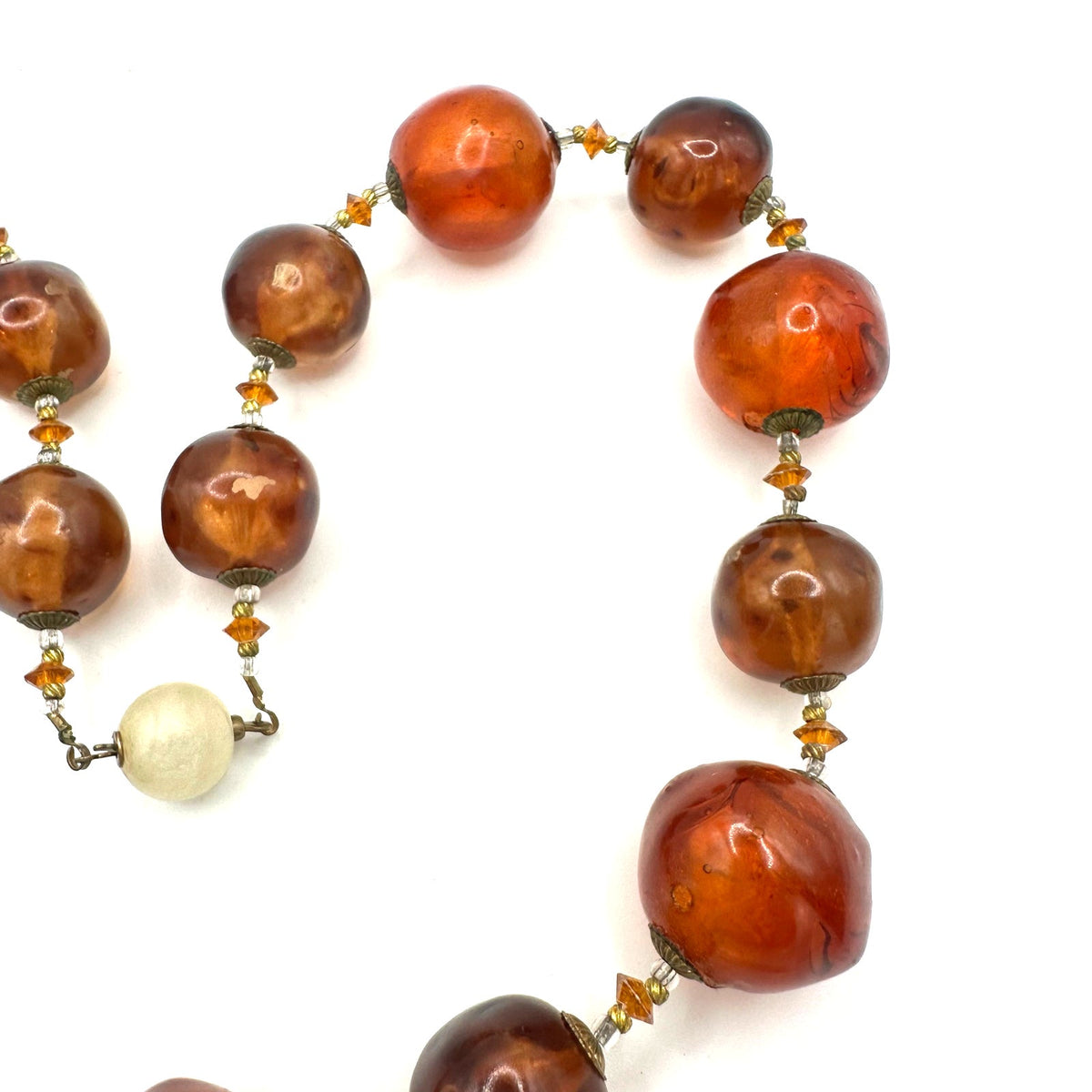 Antique 1920s 1930s Art Deco faux amber large lucite beads beaded 21" necklace
