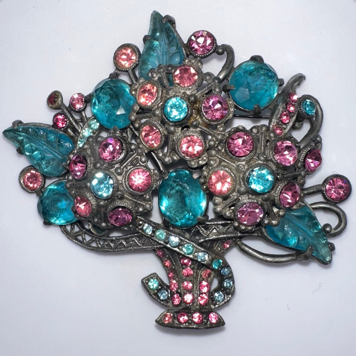 Antique Art Deco 1930s large pot metal pink blue molded glass rhinestones brooch