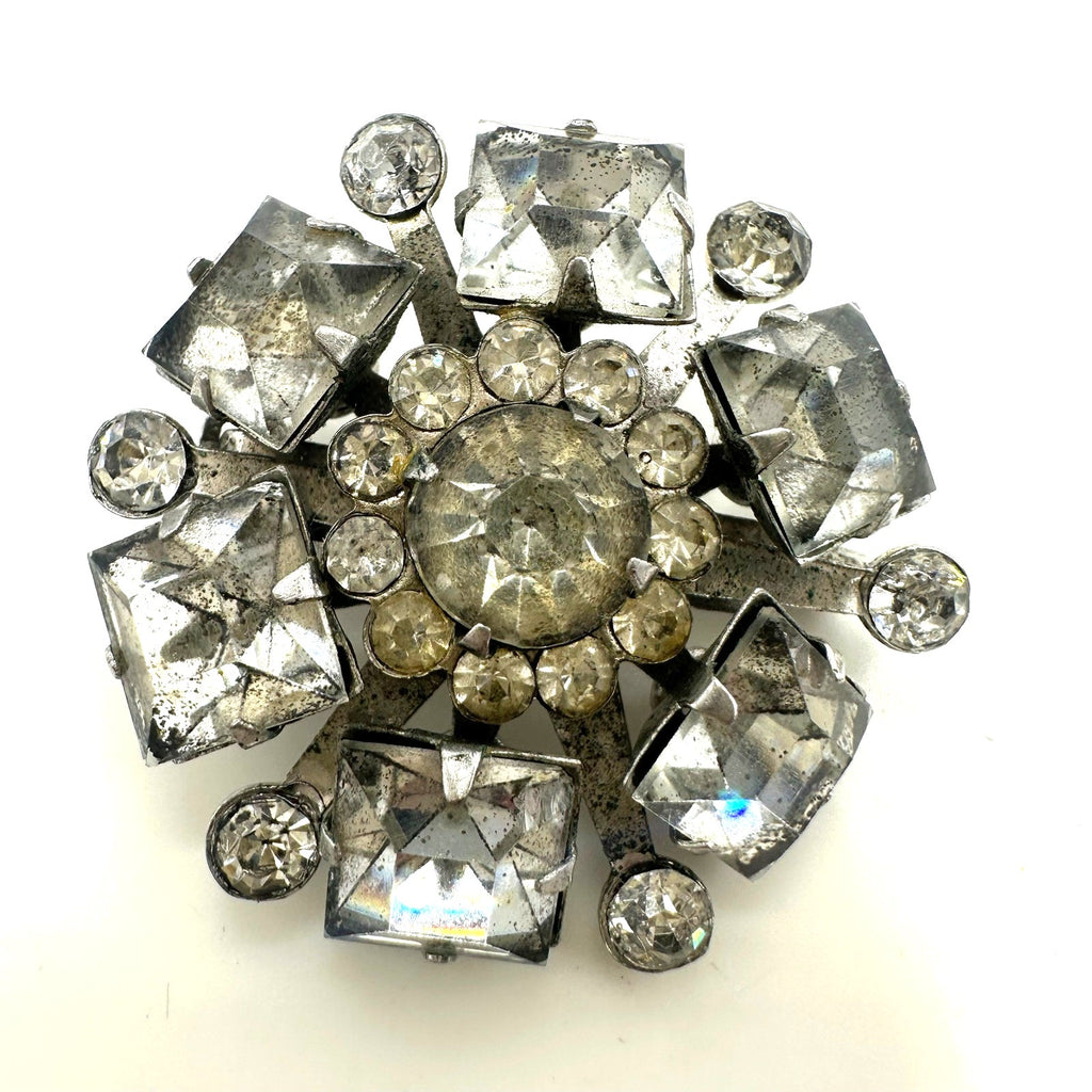 Vintage 1940s 1950s silver tone clear glass rhinestones brooch pendant 1.25"