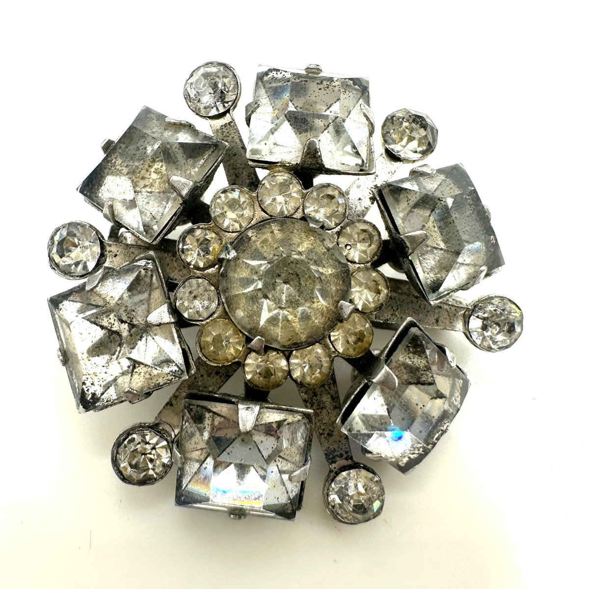 Vintage 1940s 1950s silver tone clear glass rhinestones brooch pendant 1.25"