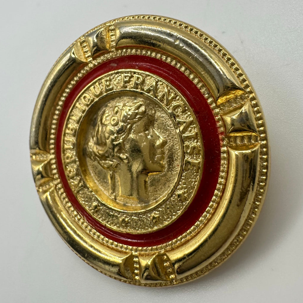 Vintage gold tone red enamel French Republic coin replica statement brooch