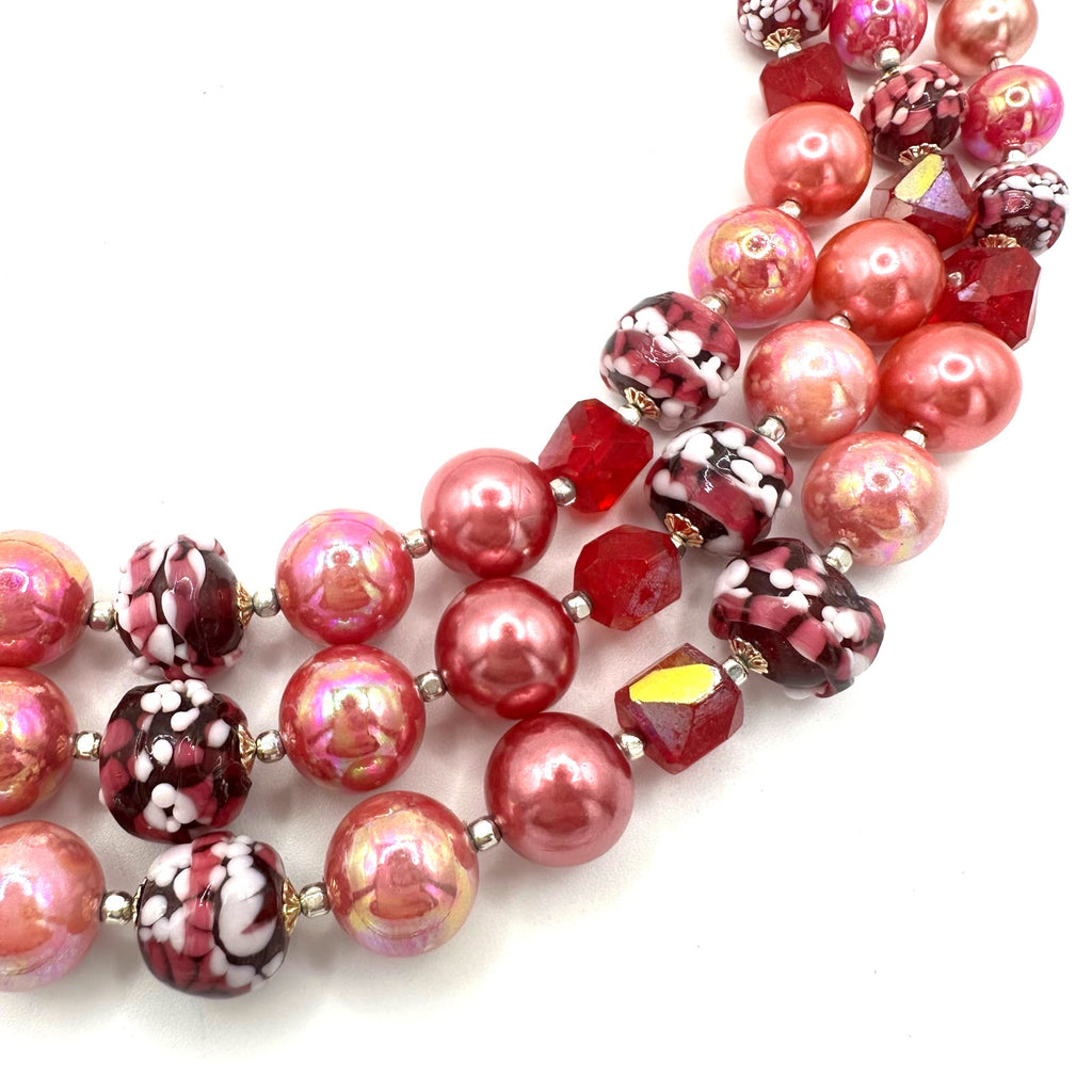 Japan vintage 3 strand pink AB lucite faux pearls red glass beaded necklace
