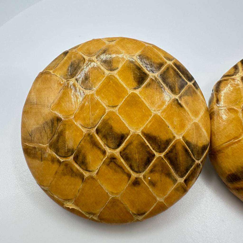 1980s vintage genuine snake skin snakeskin leather yellow disc clip on earrings