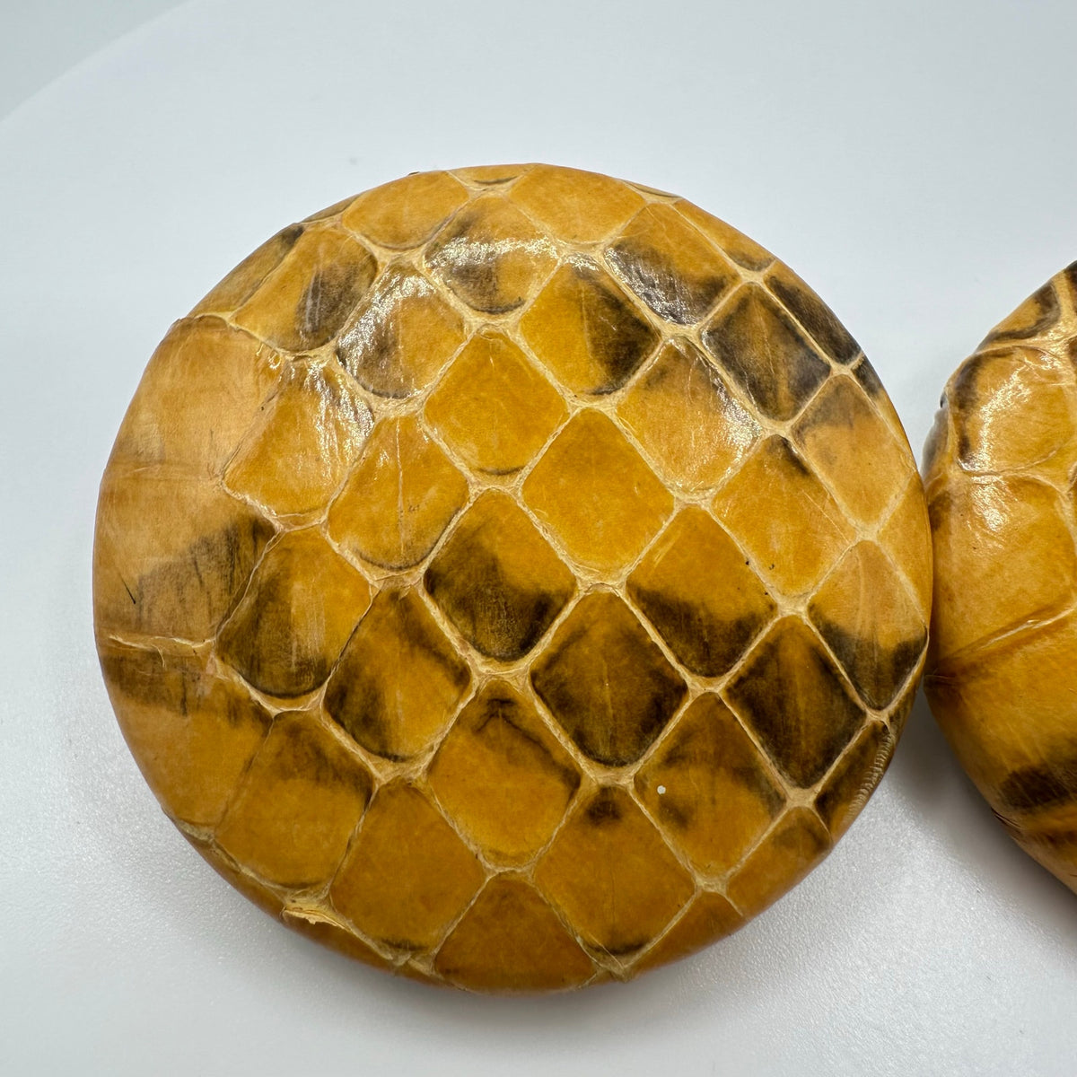 1980s vintage genuine snake skin snakeskin leather yellow disc clip on earrings