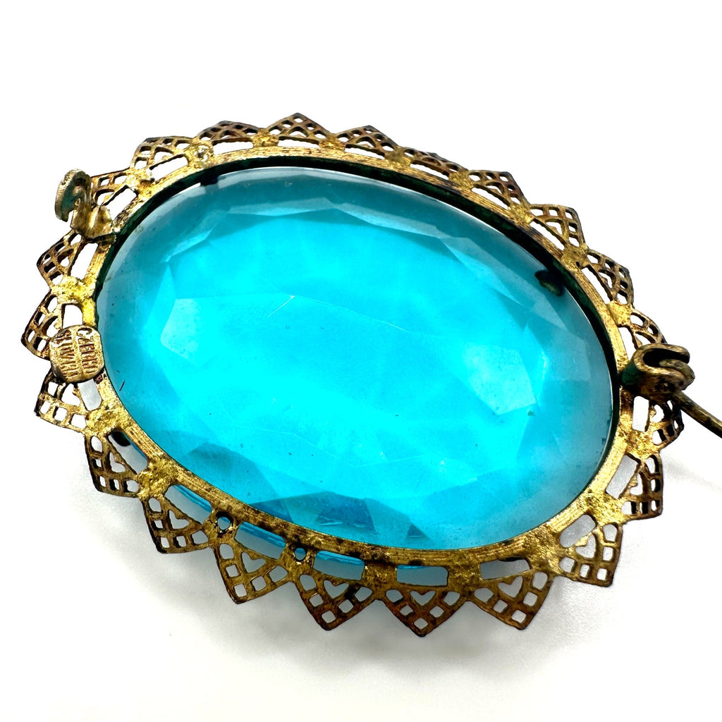 Czechoslovakia antique Art Deco 1920s aqua blue glass rhinestone brass brooch