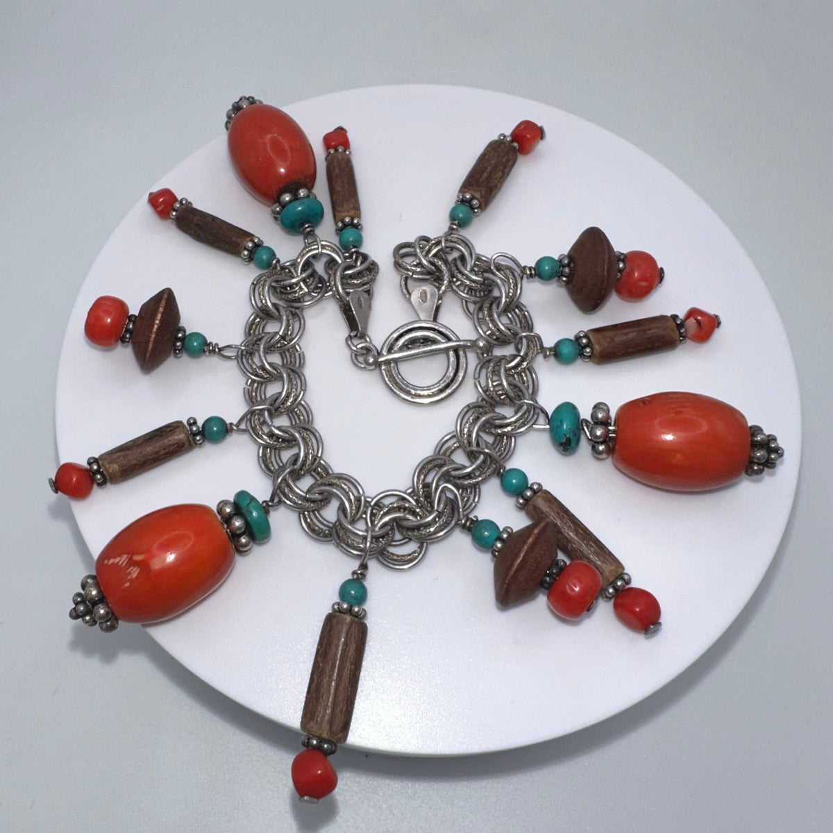Southwestern 925 sterling silver genuine red coral turquoise charms bracelet