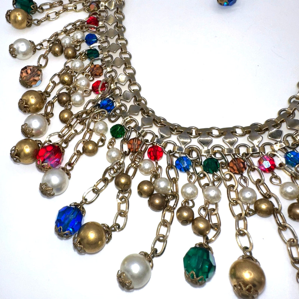 Alice Caviness vintage gold tone AB glass faux pearls beaded fringe necklace