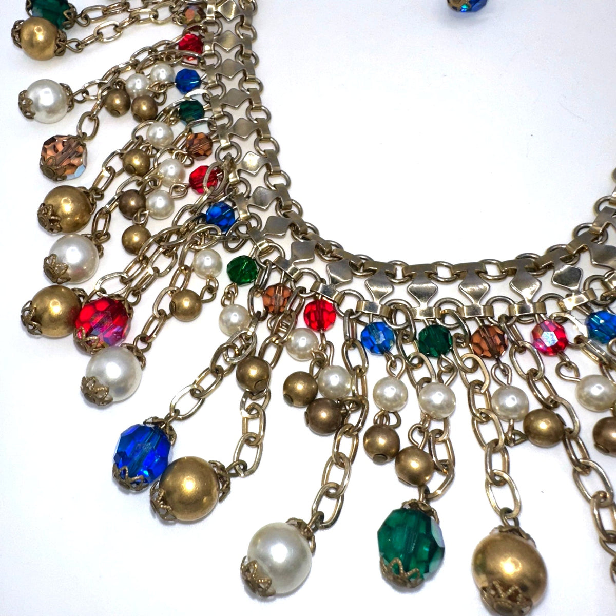 Alice Caviness vintage gold tone AB glass faux pearls beaded fringe necklace