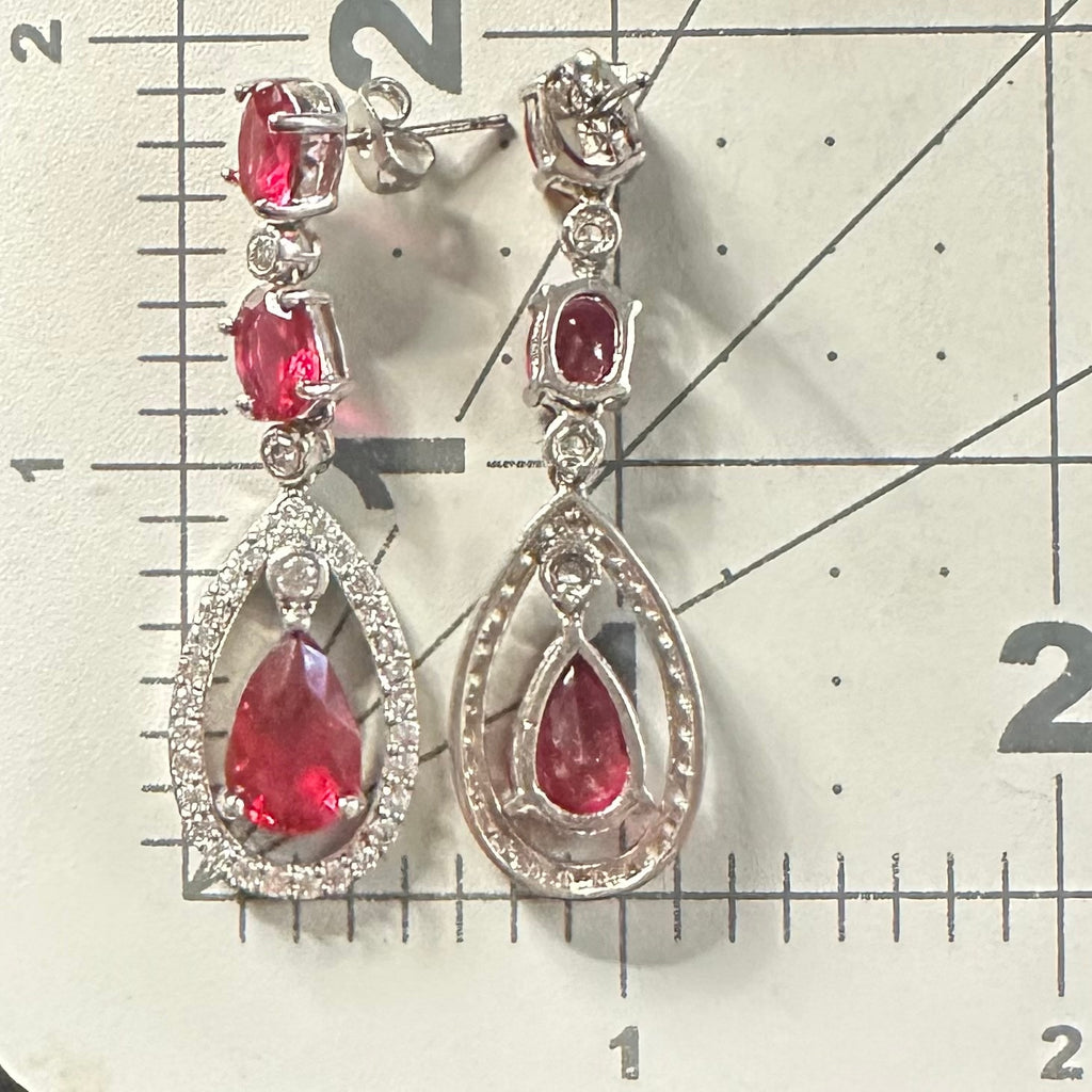 Silver tone red crimson clear cubic zirconia CZ posts dangle drop earrings