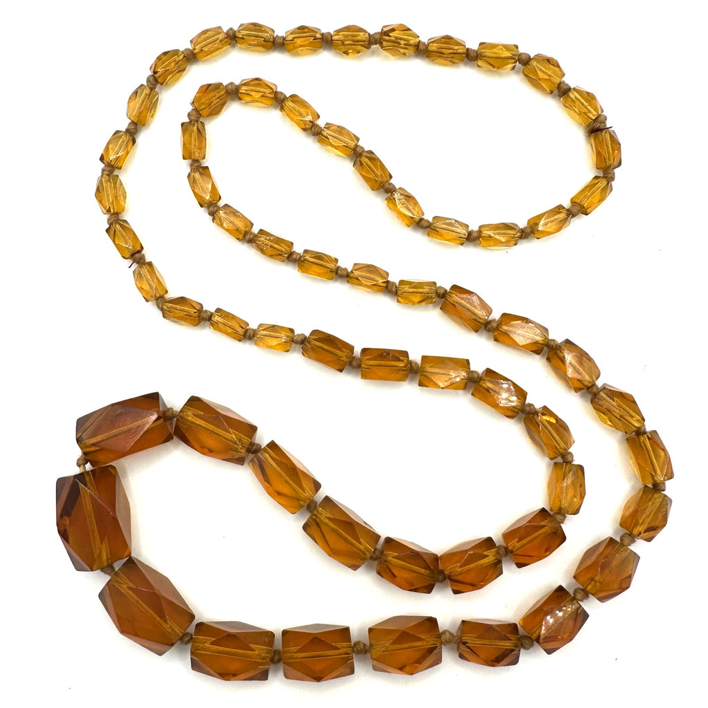 Antique Art Deco topaz yellow orange Czech glass beaded graduated 35" necklace