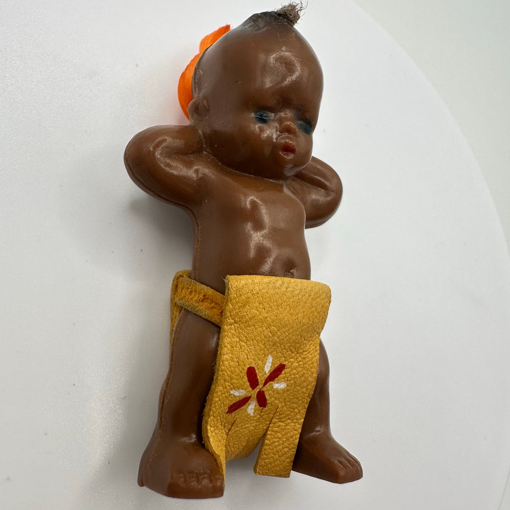 1940s vintage plastic Native American kewpie doll-style suede figural brooch
