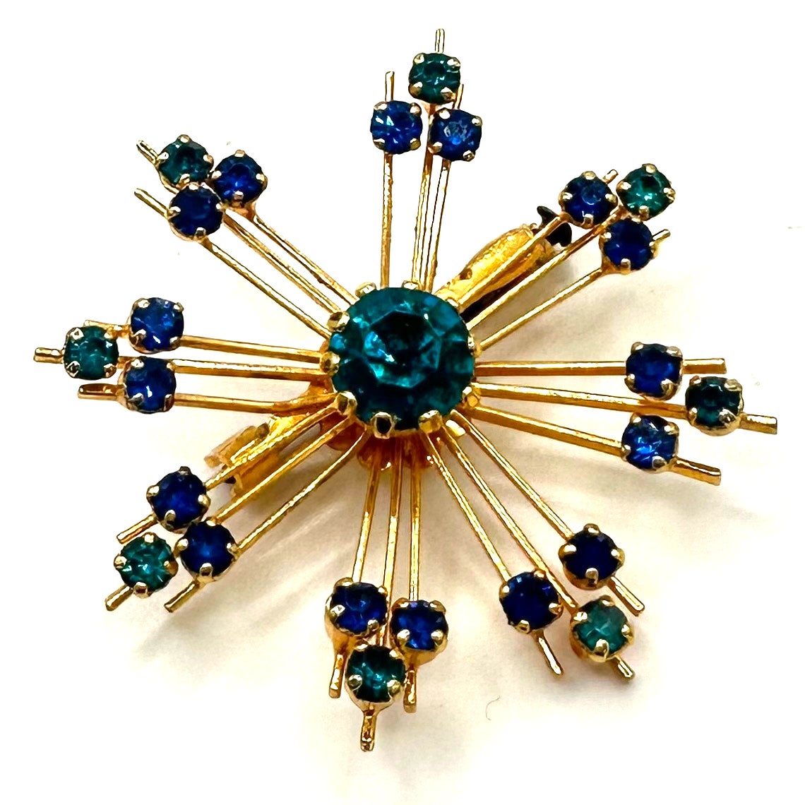 Vintage 1950s gold tone blue teal rhinestones starburst Sputnik brooch