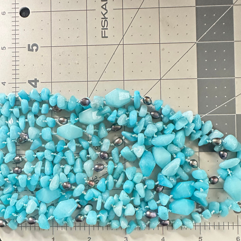 Handmade Caribbean blue quartz freshwater pearls 6 multi strand beaded necklace