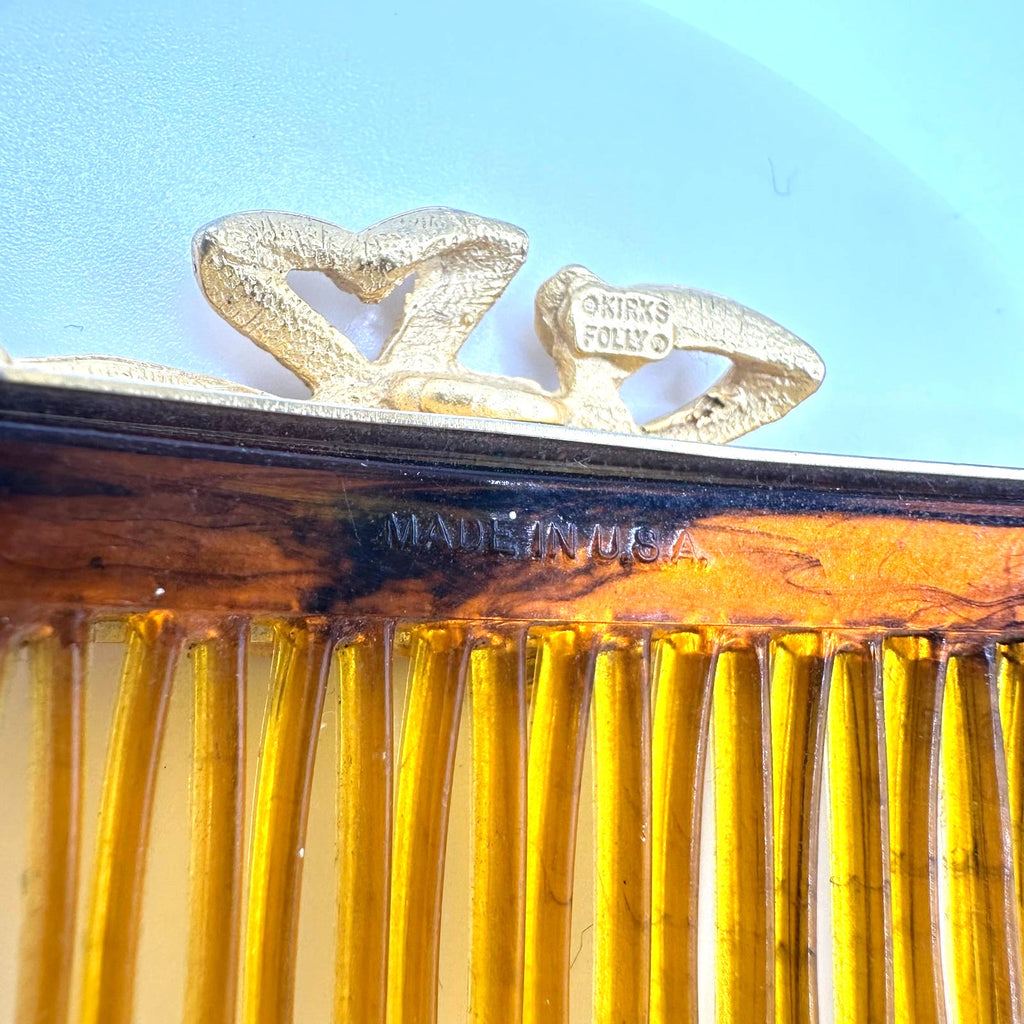 Kirks Folly set 2 gold tone ribbon bows faux tortoiseshell hair combs made USA