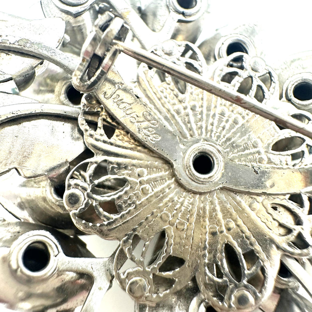 Judy Lee vintage silver tone clear gray molded glass AB rhinestones brooch