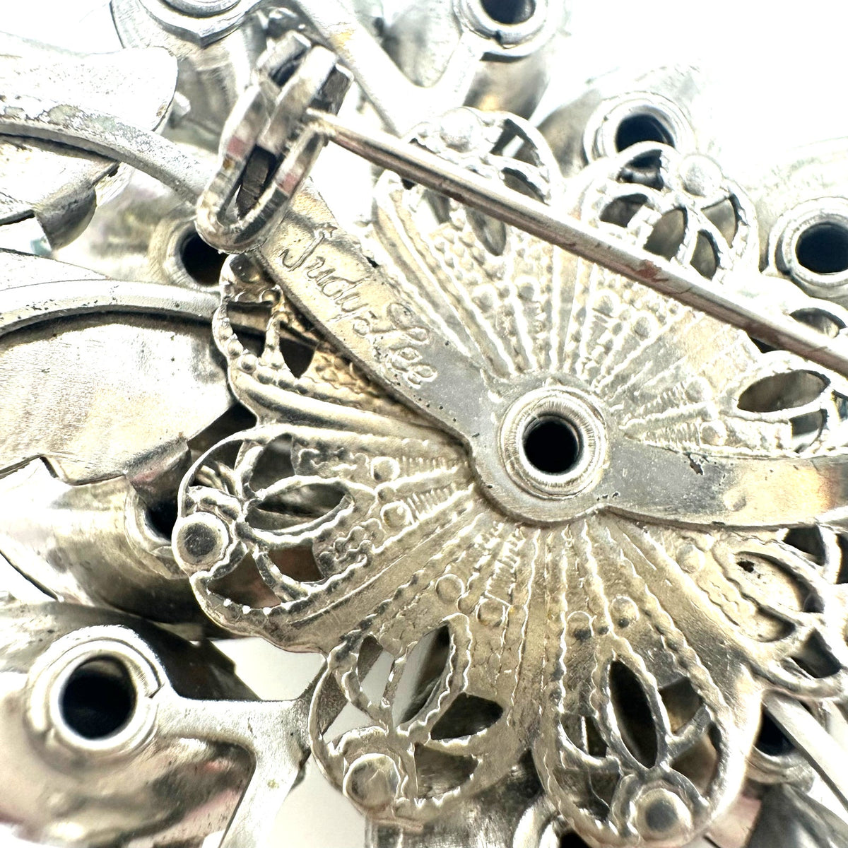 Judy Lee vintage silver tone clear gray molded glass AB rhinestones brooch