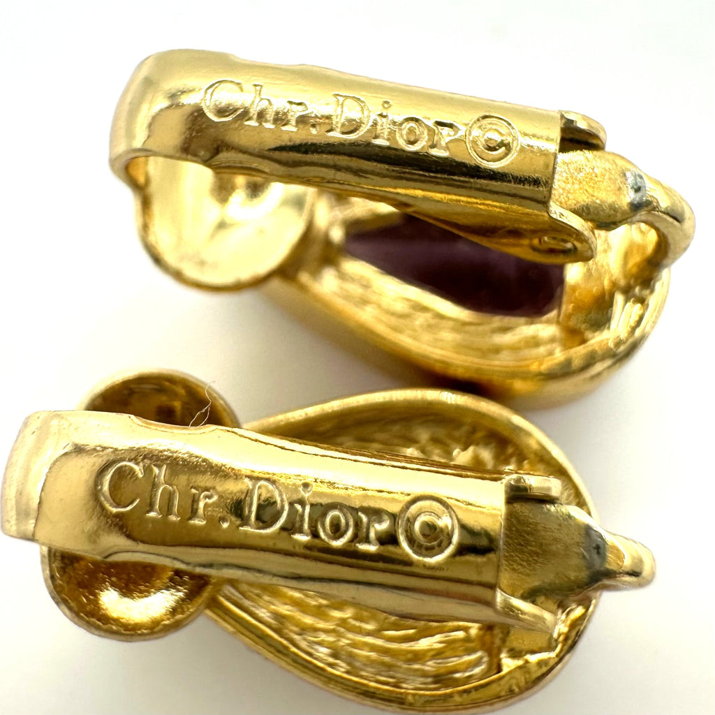 Christian Dior vintage gold plated purple glass rhinestones clip on earrings