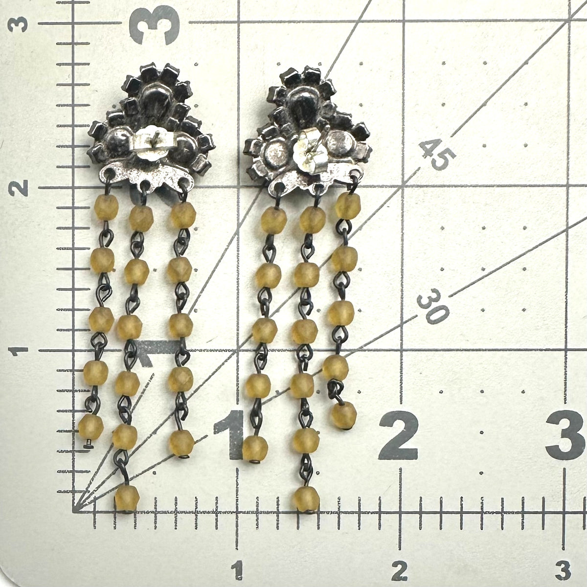Vintage silver pewter tone topaz rhinestones beaded fringe drop post earrings