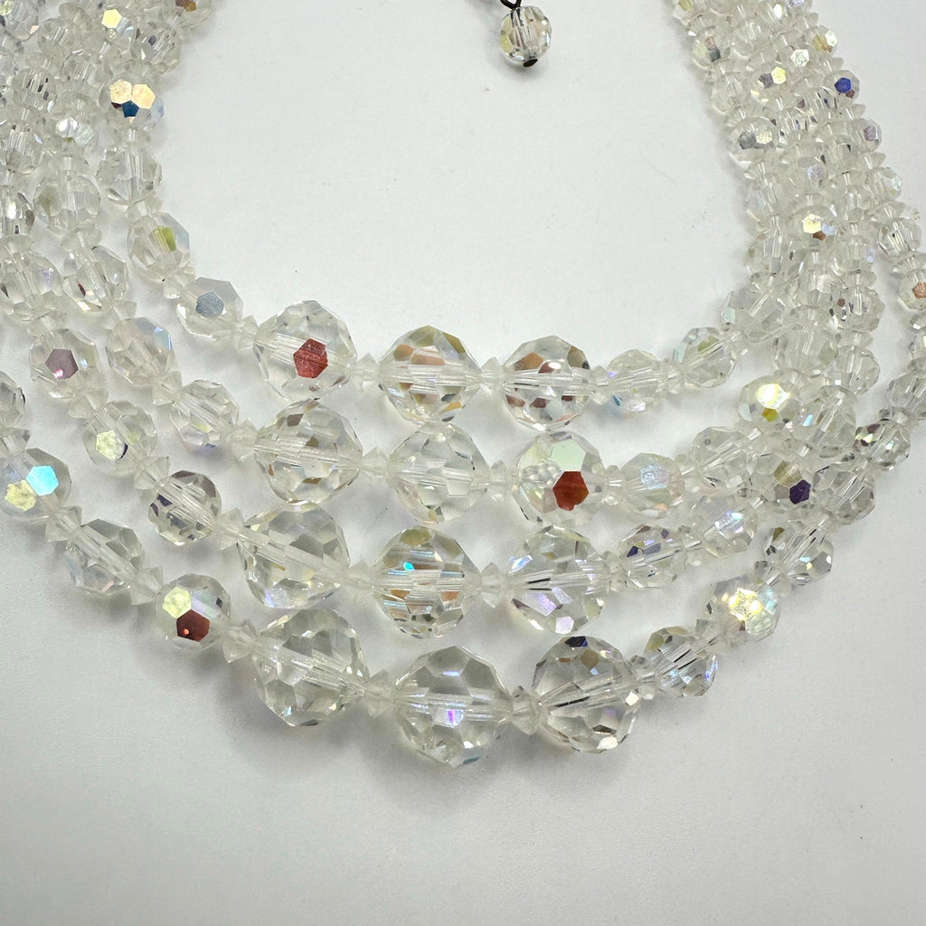 Vintage 4 strand clear AB aurora borealis glass beaded graduated necklace