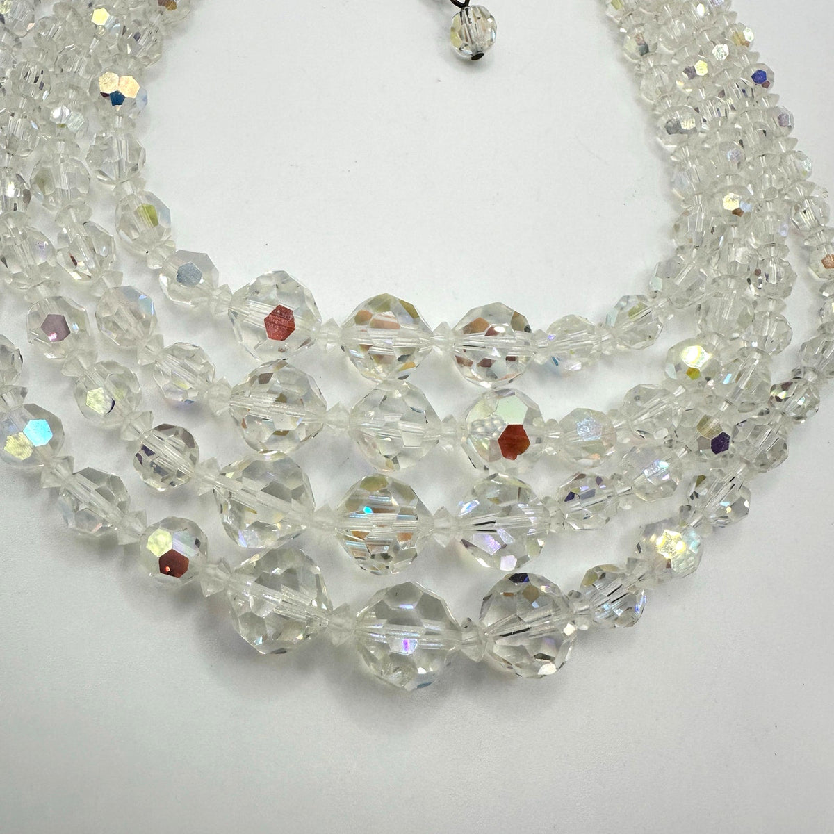 Vintage 4 strand clear AB aurora borealis glass beaded graduated necklace